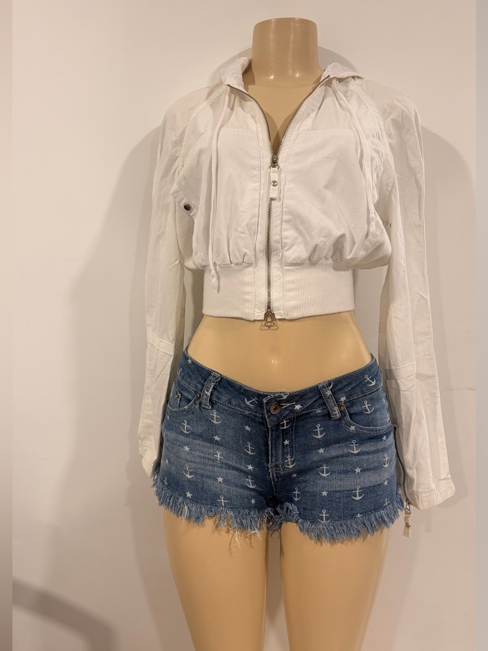 Ocean Drive Blue Anchor Print Denim Jean Shorts